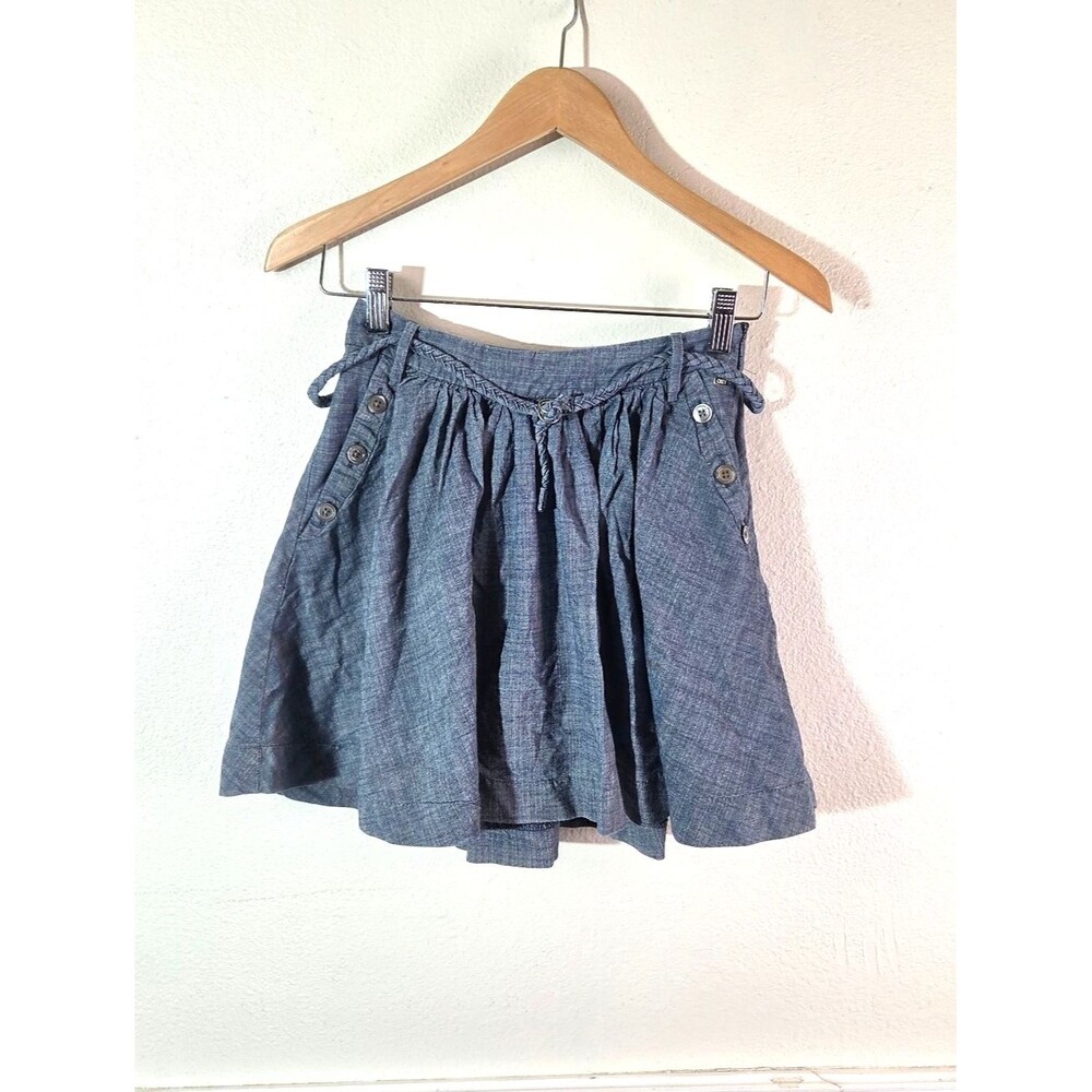 Obey Propaganda Skirt Womens 25 Blue Chambray Mini Gathered Button Detail Boho